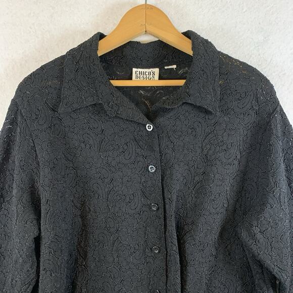 Vintage Chicos Womens Semi Sheer Lace Button Tunic Top Sz XL Dark Romantic Boho - Picture 3 of 12